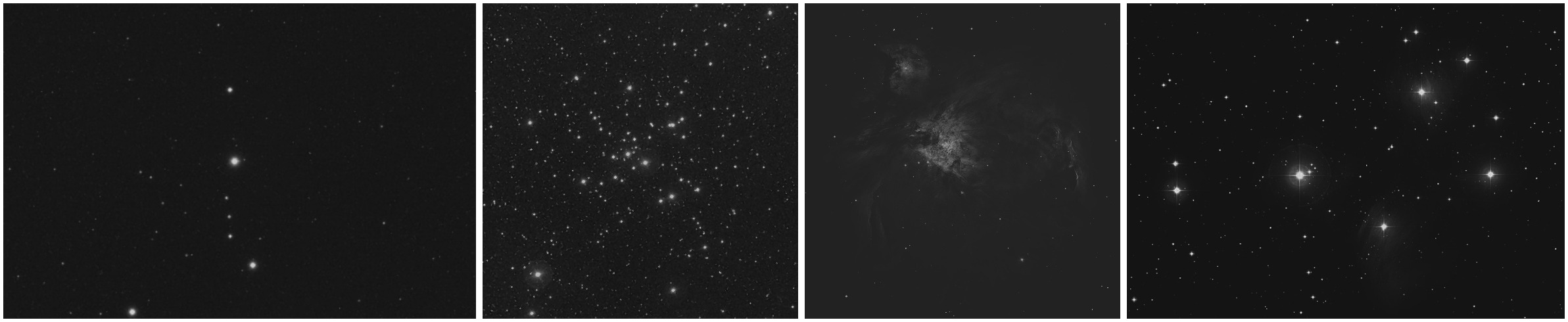 Rielaborazione delle immagini precedenti per mostrare come appaiono al telescopio se osservate visivamente: l'immagine è molto meno contrastata el, salvo casi particolari, le immagini appaiono in bianco e nero.