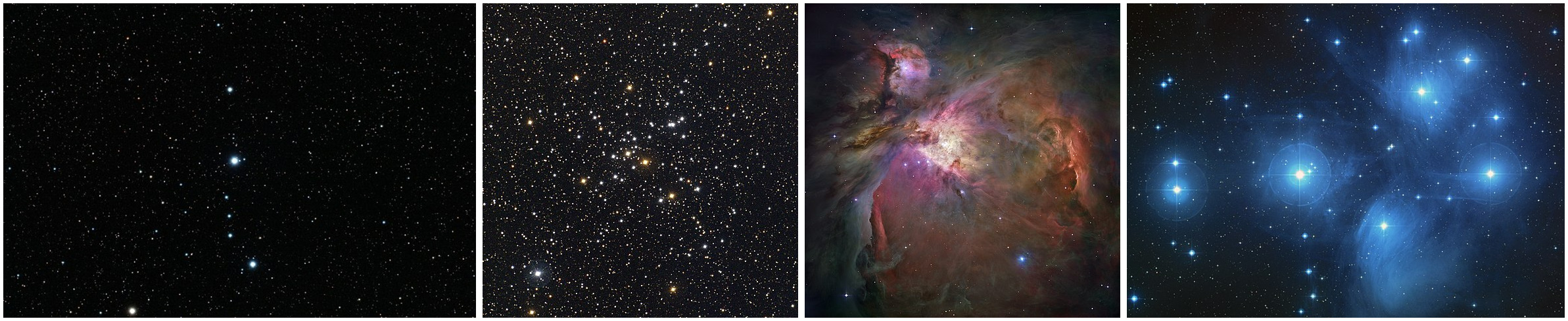 Da sinistra a destra: Lambda Orionis (fonte: Wikipedia/Yu-Hang Kuo), M41 (fonte: Wikipedia/NOIRLab / NSF / AURA), nebulosa di Orione (fonte: Wikipedia), Pleiadi (fonte: Wikipedia)